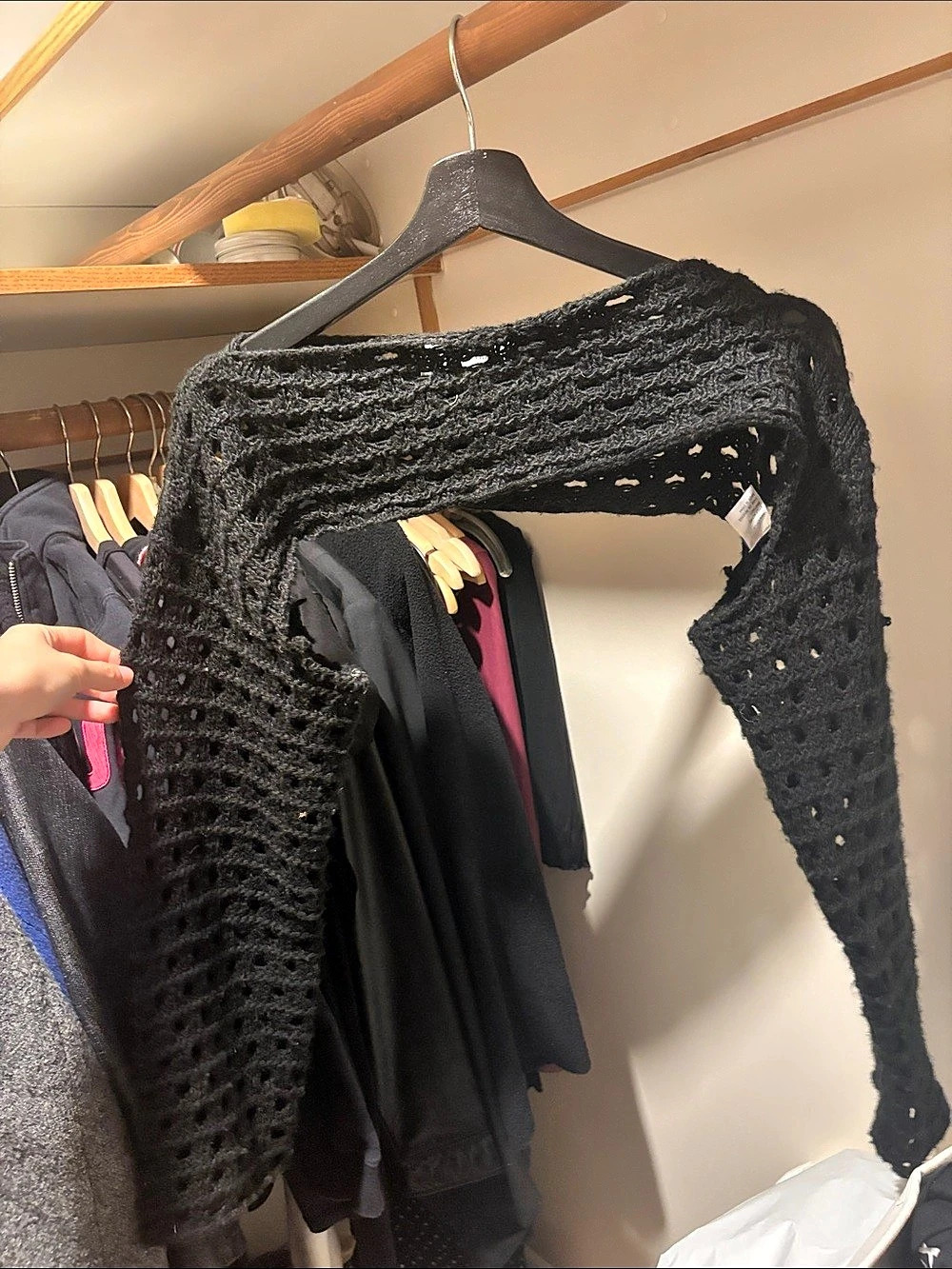 Self Contrast Open-Weave Shrug Black Sweater